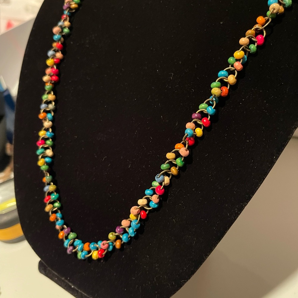 Colorful 18” necklace with metal rings and wooden beads